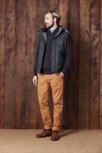 Men's Charcoal Quilted Gilet, Dark Brown Shawl-Neck Sweater, Blue Chambray Long Sleeve Shirt, Tobacco Chinos