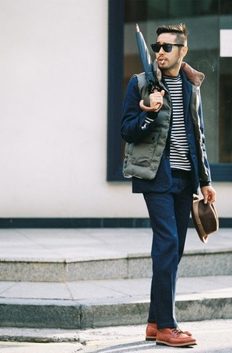 Men's Olive Quilted Gilet, Navy Suit, Black and White Horizontal Striped Crew-neck Sweater, Tobacco Leather Casual Boots