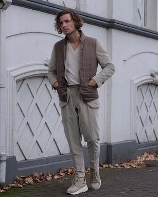 Men's Brown Quilted Gilet, Grey Corduroy Suit, White V-neck Sweater, Grey Athletic Shoes