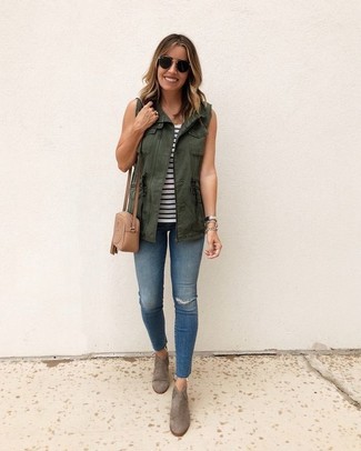 Women's Olive Gilet, White and Black Horizontal Striped Tank, Blue Ripped Skinny Jeans, Brown Suede Ankle Boots