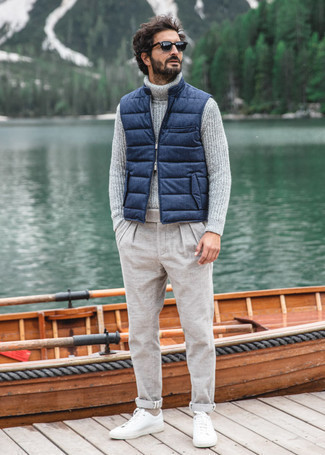 Men's Navy Quilted Gilet, Grey Knit Wool Turtleneck, Grey Chinos, White Leather Low Top Sneakers