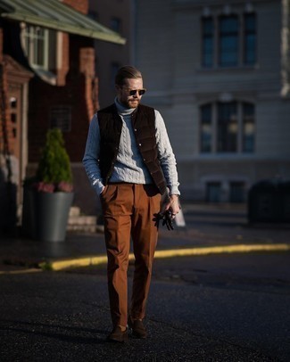 Dark Brown Gilet Outfits For Men: A dark brown gilet and brown dress pants are a really smart getup for you to try. Complete your look with dark brown suede loafers et voila, your outfit is complete.