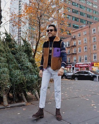 Brown Fleece Gilet Outfits For Men: For a laid-back look, try pairing a brown fleece gilet with white jeans — these pieces work beautifully together. Let your styling expertise truly shine by rounding off this getup with a pair of dark brown suede casual boots.