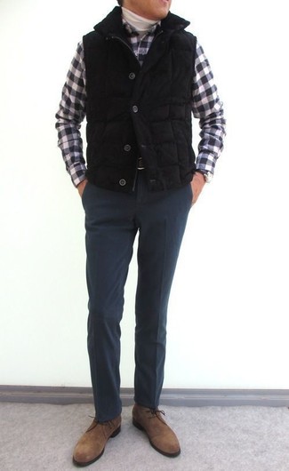 Men's Black Quilted Gilet, White Turtleneck, Black and White Gingham Long Sleeve Shirt, Charcoal Wool Dress Pants