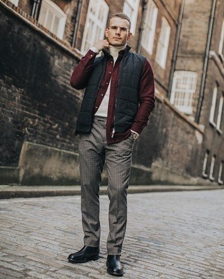 Red Long Sleeve Shirt Outfits For Men: Marry a red long sleeve shirt with grey check dress pants to put together an effortlessly elegant and put together outfit. Black leather chelsea boots integrate seamlessly within many combos.