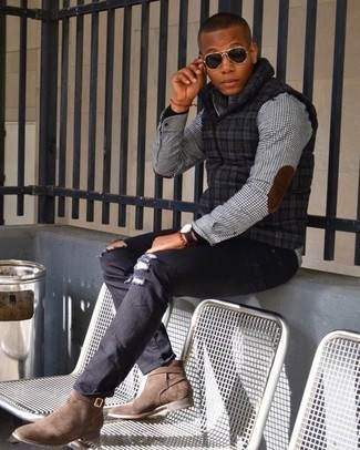 Burgundy Beaded Bracelet Outfits For Men: Try pairing a charcoal plaid gilet with a burgundy beaded bracelet for an ensemble that's both casual and dapper. Feeling bold today? Break up this ensemble by rocking brown suede chelsea boots.