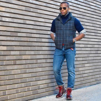 Red Canvas Belt Outfits For Men: To achieve a laid-back outfit with a bold spin, you can easily rely on a charcoal plaid gilet and a red canvas belt. Inject this outfit with a dose of refinement with a pair of burgundy leather work boots.