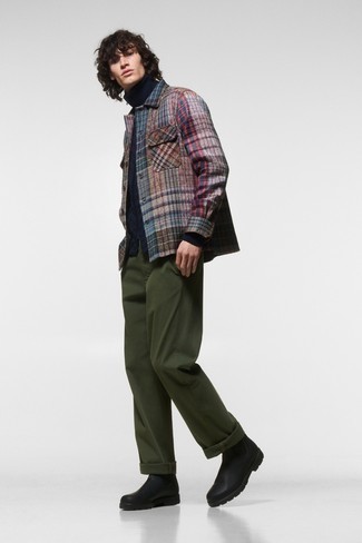 Men's Navy Quilted Gilet, Navy Wool Turtleneck, Multi colored Plaid Flannel Long Sleeve Shirt, Dark Green Chinos