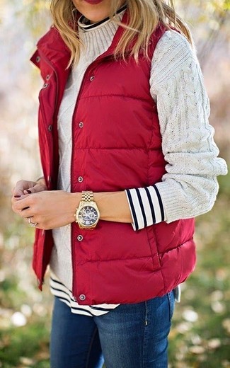 Women's Red Gilet, White and Black Horizontal Striped Turtleneck, White Knit Turtleneck, Navy Skinny Jeans