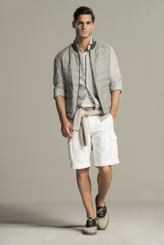 Grey Vertical Striped Long Sleeve Shirt Outfits For Men: This laid-back combo of a grey vertical striped long sleeve shirt and white shorts can take on different forms depending on how you style it. To give your overall look a sleeker aesthetic, complete this look with grey suede oxford shoes.