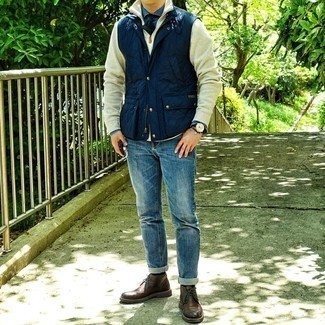 Men's Navy Quilted Gilet, Beige Zip Neck Sweater, Blue Chambray Dress Shirt, Blue Jeans