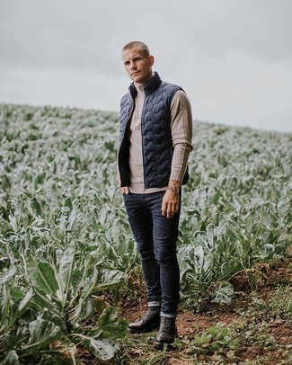 Tan Zip Neck Sweater Outfits For Men: Nail off-duty by opting for a tan zip neck sweater and navy jeans. Rounding off with dark brown leather casual boots is an easy way to bring some extra fanciness to your outfit.