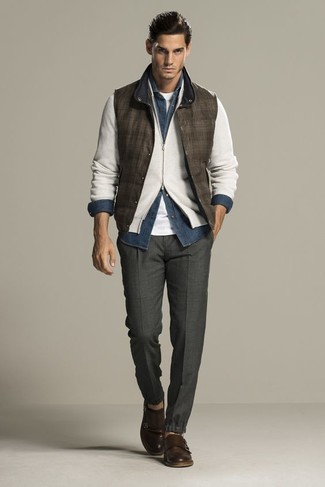 Tobacco Gilet Outfits For Men: This is definitive proof that a tobacco gilet and charcoal dress pants look amazing when you pair them up in a polished outfit for today's guy. On the footwear front, this outfit is complemented perfectly with dark brown leather double monks.