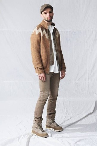 Brown Gilet Outfits For Men: A brown gilet and brown jeans are a cool combination to take you throughout the day and into the night. For times when this getup appears too polished, play it down with beige canvas work boots.