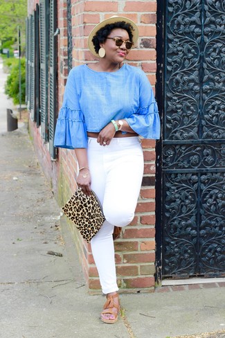 Women's Tan Leopard Suede Clutch, Tan Leather Gladiator Sandals, White Jeans, Light Blue Chambray Long Sleeve Blouse
