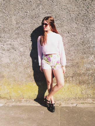 Women's Brown Sunglasses, Black Leather Gladiator Sandals, Pink Floral Shorts, Pink Cropped Sweater