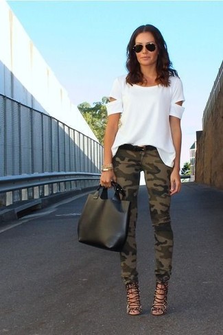 White Cutout Crew-neck T-shirt Outfits For Women: 
