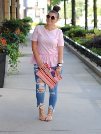 Women's Pink Embroidered Clutch, Silver Leather Gladiator Sandals, Blue Ripped Skinny Jeans, Pink Ruffle Crew-neck T-shirt