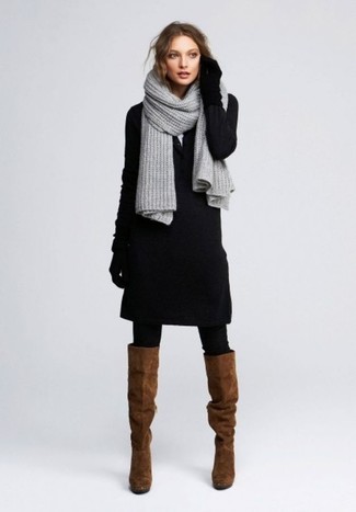 Women's Grey Knit Scarf, Black Wool Gloves, Brown Suede Knee High Boots, Black Sweater Dress
