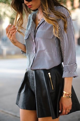 Black and White Vertical Striped Dress Shirt Outfits For Women: 
