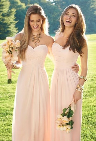 Women's Gold Bracelet, Gold Necklace, Pink Chiffon Evening Dress