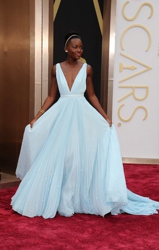 Light Blue Pleated Evening Dress Outfits: 