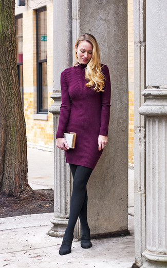 Women's Charcoal Wool Tights, Gold Clutch, Black Suede Pumps, Purple Sweater Dress