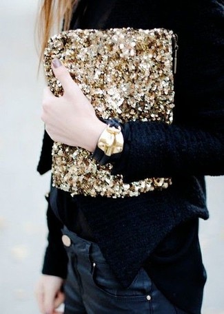Women's Black Leather Bracelet, Gold Sequin Clutch, Black Leather Skinny Jeans, Black Velvet Blazer