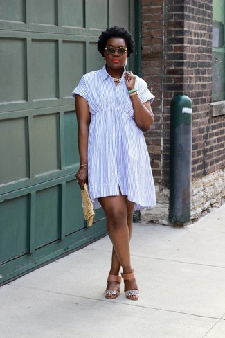 Women's Gold Necklace, Gold Beaded Clutch, Brown Snake Leather Heeled Sandals, White and Blue Vertical Striped Shirtdress