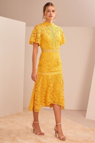 Women's Gold Earrings, Beige Leather Heeled Sandals, Yellow Crochet Midi Dress