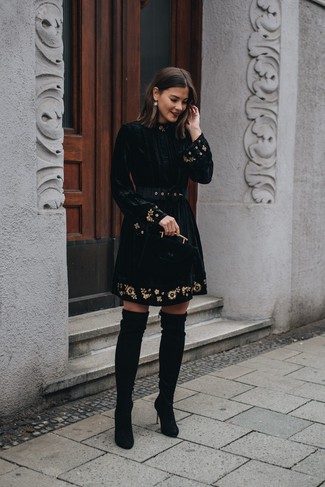 Black Embroidered Velvet Fit and Flare Dress Outfits: 
