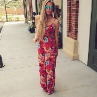 Women's Gold Earrings, Blue Sunglasses, Red Floral Jumpsuit