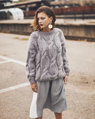 Women's Gold Earrings, Grey Midi Skirt, Grey Knit Cable Sweater