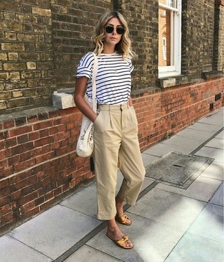 Women's Black Sunglasses, Gold Leather Flat Sandals, Beige Culottes, White and Navy Horizontal Striped Crew-neck T-shirt