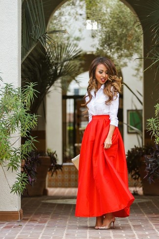 Red Pleated Maxi Skirt Outfits: 