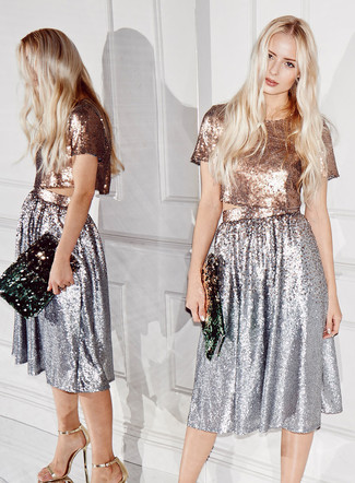 Women's Dark Green Sequin Clutch, Gold Leather Heeled Sandals, Silver Pleated Sequin Midi Skirt, Gold Sequin Cropped Top