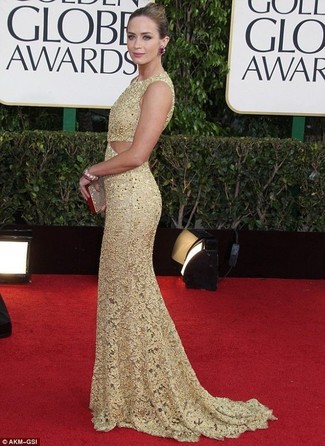 Emily Blunt wearing Gold Lace Evening Dress, Gold Sequin Clutch, Burgundy Earrings