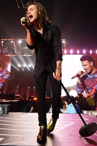 Harry Styles wearing Gold Leather Chelsea Boots, Black Skinny Jeans, Black Vertical Striped Dress Shirt