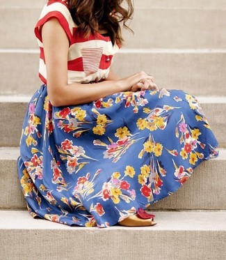 Women's Gold Cutout Leather Pumps, Blue Floral Full Skirt, White and Red Horizontal Striped Crew-neck T-shirt