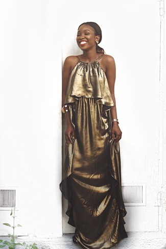 Make a gold maxi dress your outfit choice to showcase your styling smarts.