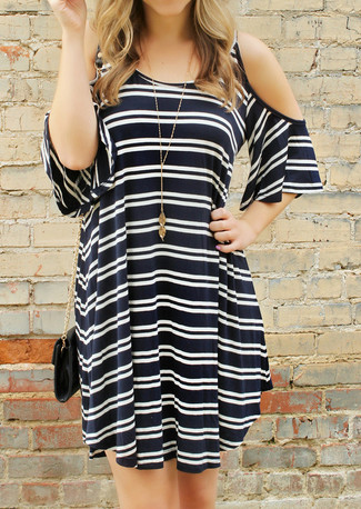 Black and White Horizontal Striped Off Shoulder Dress Outfits: 