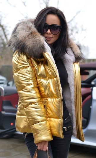 gold puffer jacket women's