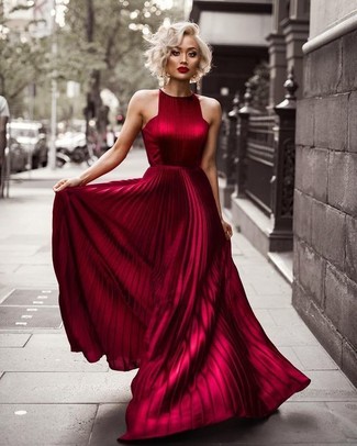 Burgundy Pleated Evening Dress Outfits: 