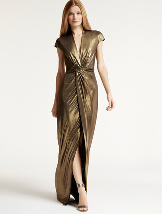 Women's Gold Slit Maxi Dress, Silver Leather Heeled Sandals