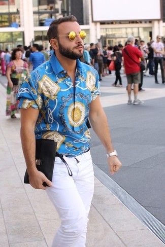 Men's Silver Watch, Gold Sunglasses, White Jeans, Blue Print Short Sleeve Shirt