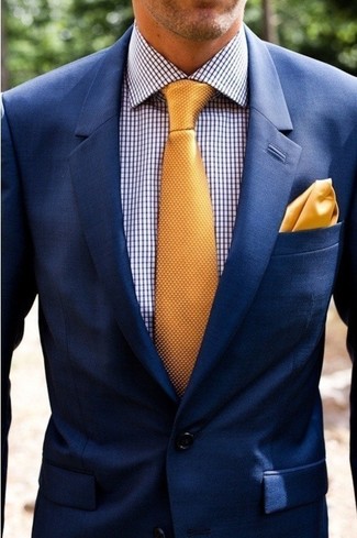 Men's Gold Silk Pocket Square, Gold Silk Tie, White and Navy Gingham Dress Shirt, Navy Blazer