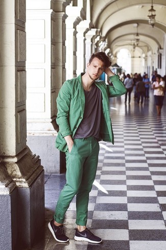 Mint Blazer Outfits For Men: This smart combination of a mint blazer and green chinos is extremely easy to pull together in no time, helping you look sharp and ready for anything without spending too much time digging through your wardrobe. Take a more relaxed approach with footwear and complement this outfit with a pair of black athletic shoes.