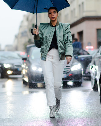 Silver Leather Ankle Boots Outfits: A green satin bomber jacket and white jeans are a great go-to combo to have in your collection. To add some extra depth to this outfit, complete your look with silver leather ankle boots.