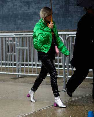 Women's Green Quilted Bomber Jacket, Black Leather Skinny Pants, Silver Leather Ankle Boots, Pink Leather Crossbody Bag