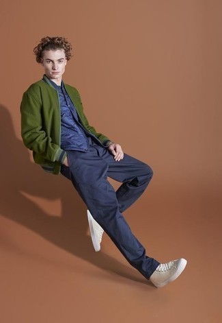 Mint Bomber Jacket Outfits For Men: If you enjoy a more relaxed approach to styling, why not make a mint bomber jacket and navy chinos your outfit choice? Introduce white canvas high top sneakers to this outfit to make a mostly classic ensemble feel suddenly edgier.
